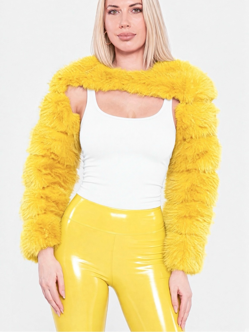 Yellow Faux Fur Shrug Jacket - Women's Statement Coat